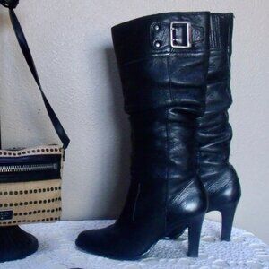 Matisse Boots Tall Black Leather Slip-On Heeled Boots Buckle Detail 6.5 M